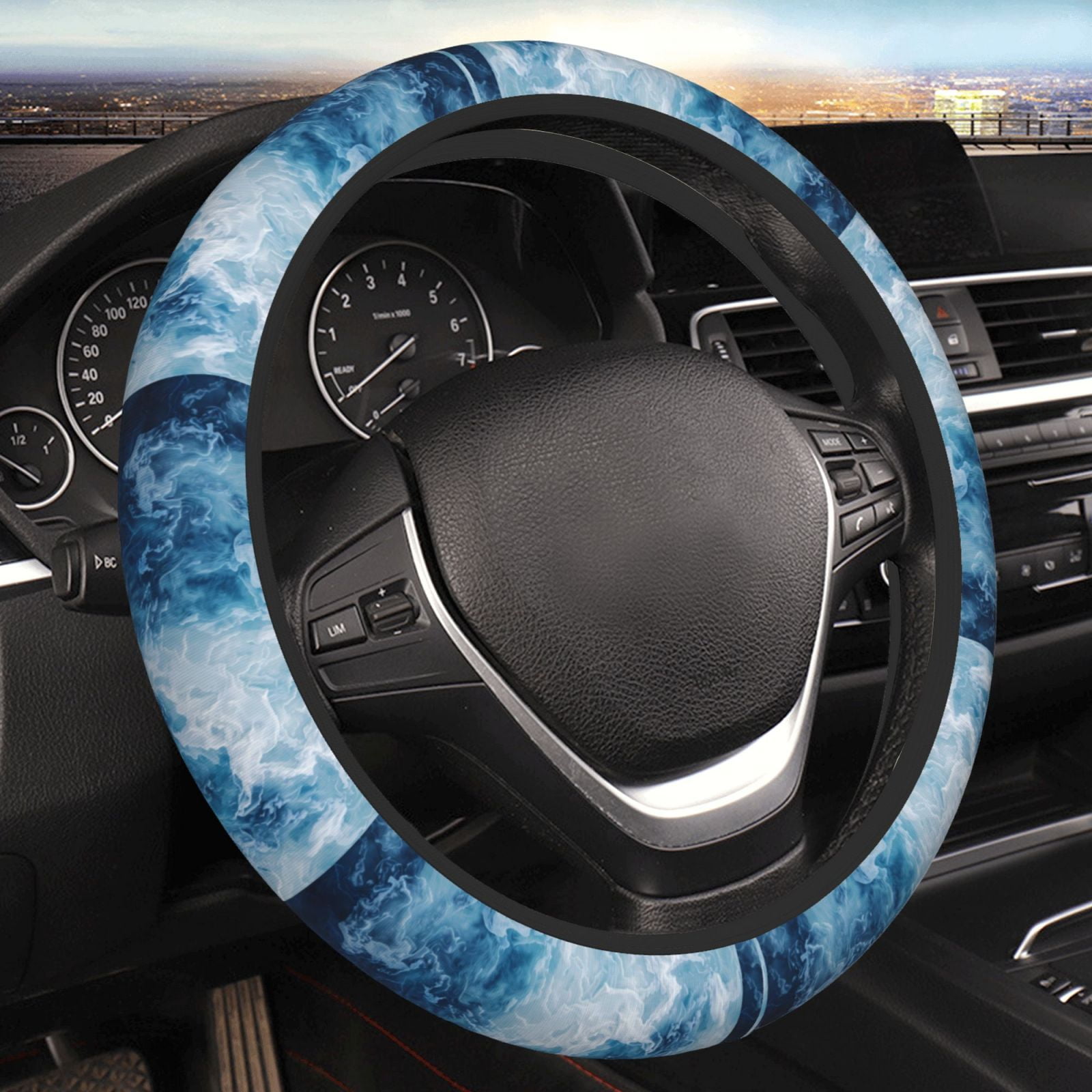 Elastic Stretch Steering Wheel Cover for Women Men Abstract Ocean Waves
