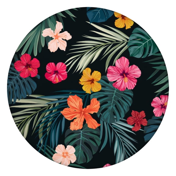 Elastic Table Cover Round Tablecloth with Botanical Jungle Leaves and Hawaiian Print Patterns, Waterproof and Easy to Clean Vinyl, Backed for Secure Fit