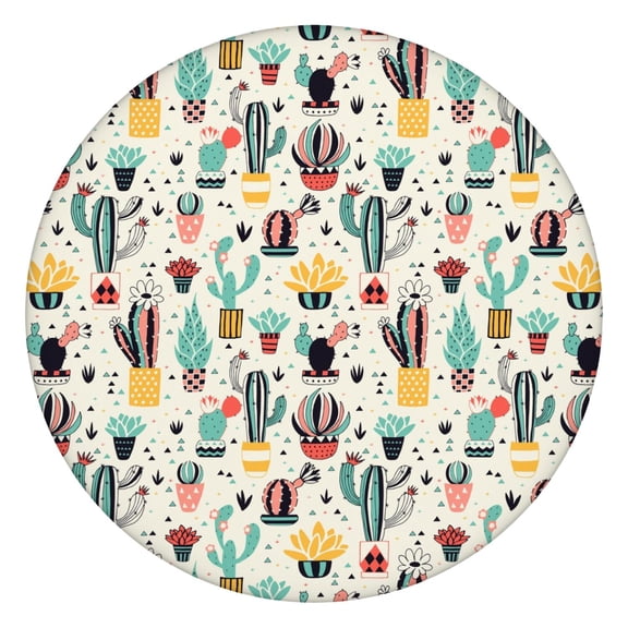 Elastic Table Cover Round Tablecloth with Retro Desert Succulent and Cute Kawaii Cactus Patterns, Waterproof, Stain-Resistant Vinyl with Backing for Secure Fit