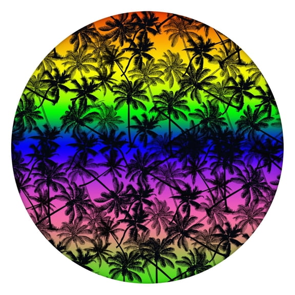 Elastic Table Cover Round Tablecloth with Tropical Palm Trees and Hawaiian Sunset Beach Patterns, Waterproof and Easy to Clean Vinyl, Backed for Secure Fit
