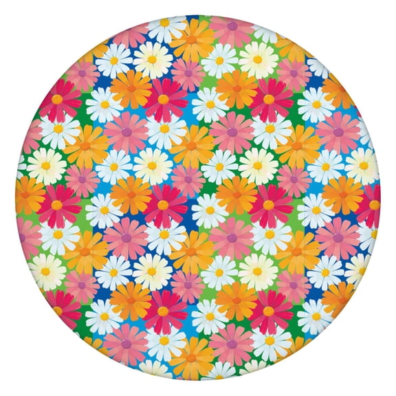 Elastic Table Cover Round with Waterproof Daisy Print, Artistic Wildflower Boho Design, Backed Tablecloth for Spring Summer Parties
