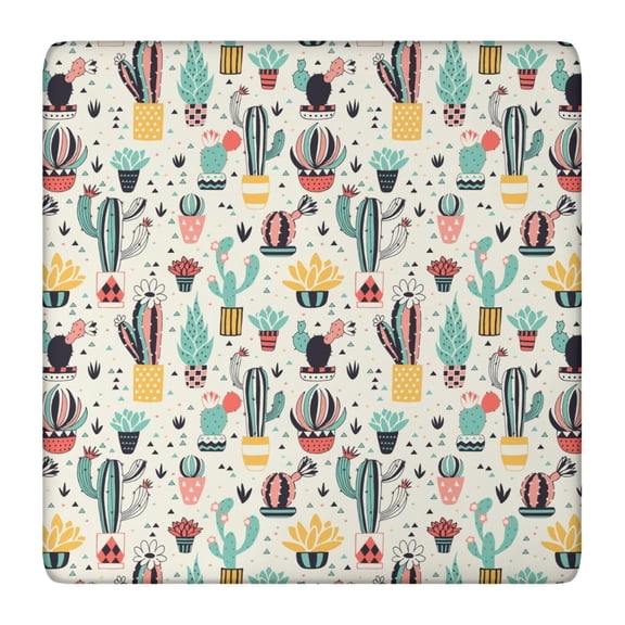 Elastic Table Cover Squre Tablecloth with Retro Desert Succulent and Cute Kawaii Cactus Patterns, Waterproof, Stain-Resistant Vinyl with Backing for Secure Fit