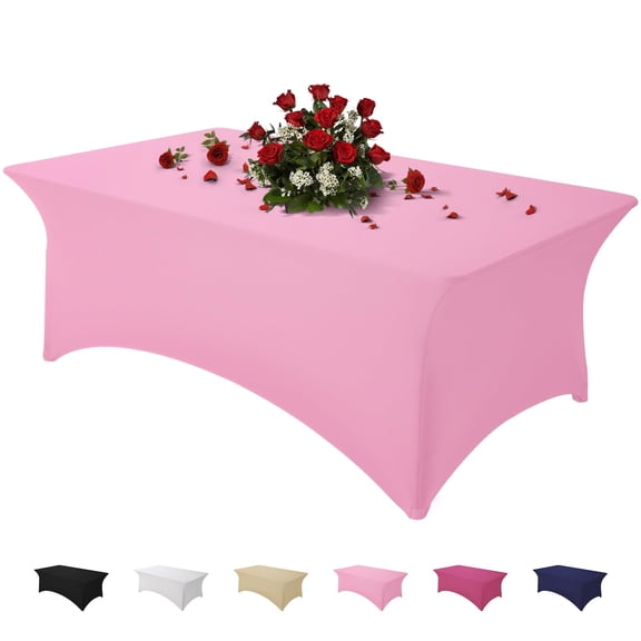 Elastic Tablecloth 4FT Rectangle Pink Spandex Fitted Cover with Corner Pockets for Buffet Banquet Wedding Party Outdoor Event Decor