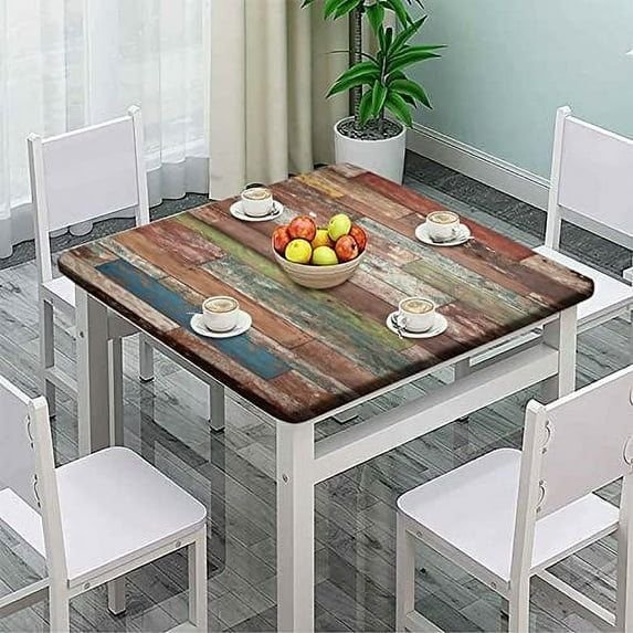 Elastic Tablecloth Square Fits Tables up to 52", Wooden Print Waterproof Fitted Table Cloth, Polyester Wipeable Table Cover for Picnic Party