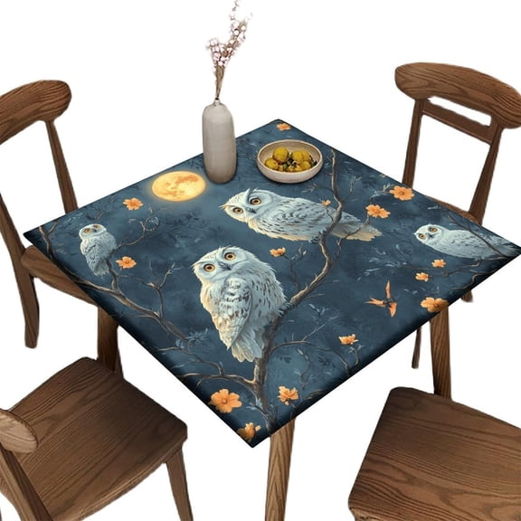 Elastic Tablecloth Square, Mystic Moonlit Owl Sanctuary Pattern Printed on Polyester Flag Card Table Covers, Great for Picnics BBQs Daily Meals, Fit for 36" x 36" Square Tables