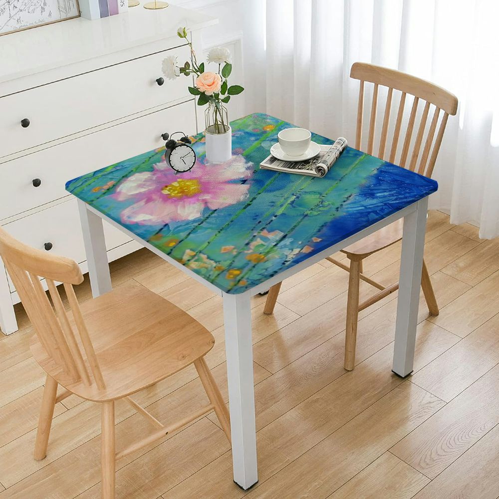 Elastic Tablecloth Square , Spring Floral Print Waterproof Fitted Table