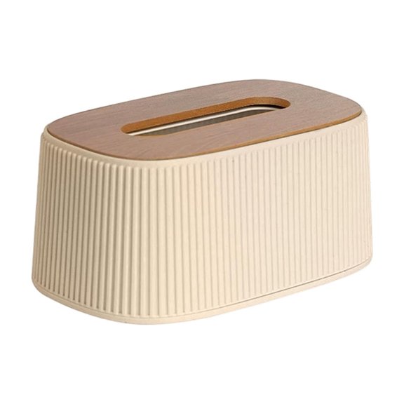 Elastic Tissue Box European-Style Desktop Holder with One-Hand Pull, Spring-Loaded, Wooden Top Lid, Vertical Stripe Design, Safe PP + PET Beige