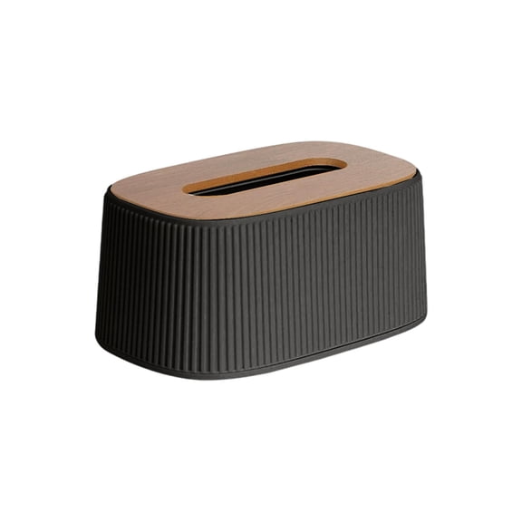 Elastic Tissue Box European-Style Desktop Holder with One-Hand Pull, Spring-Loaded, Wooden Top Lid, Vertical Stripe Design, Safe PP + PET Black