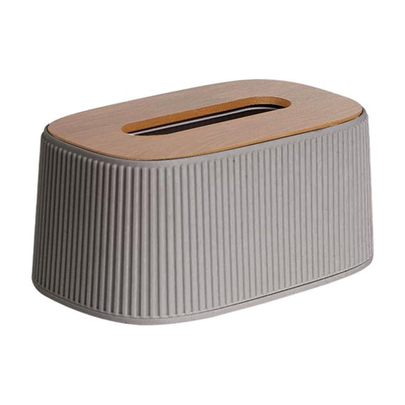 Elastic Tissue Box European-Style Desktop Holder with One-Hand Pull, Spring-Loaded, Wooden Top Lid, Vertical Stripe Design, Safe PP + PET Gray