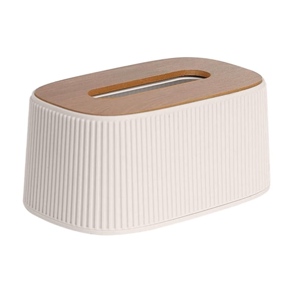 Elastic Tissue Box European-Style Desktop Holder with One-Hand Pull, Spring-Loaded, Wooden Top Lid, Vertical Stripe Design, Safe PP + PET White