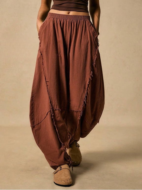 Elastic Waist Baggy Harem Pants with Pockets and Frayed Raw Hem for Women
