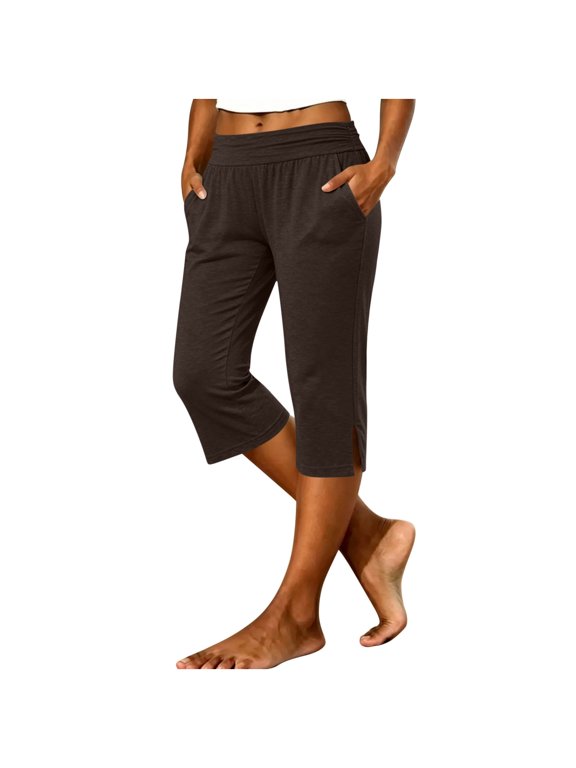 Elastic Waist Capri Pants for Women Split Hem Capri Trousers Solid Stretch Capris with Pocket Casual Knit Workout Capri Bottoms Gym Home