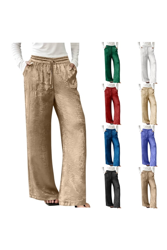 Elastic Waist Casual Pants for Women, Solid Color Non Elastic Woven Fabric Trousers Slacks, Straight Leg Relaxed Fit All Season Work Office Pants, Professional Style Gifts