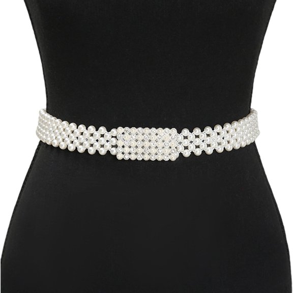 Elastic Waist Chain Belt For Women Pearls Crystal Decors Stretchable Waist Accessory With Skirts And Dresses Formal Event