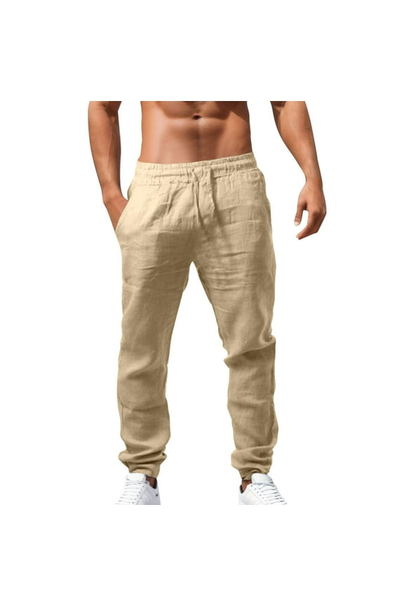 Elastic Waist Cotton Linen Men's Joggers, Lightweight Breathable Loose Fit Solid Lounge Pants, [Color], [Size]