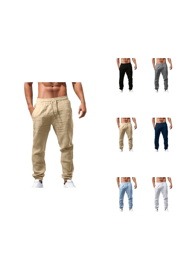 Elastic Waist Cotton Linen Men's Joggers, Lightweight Solid Color Loose Fit Breathable Casual Lounge Pants