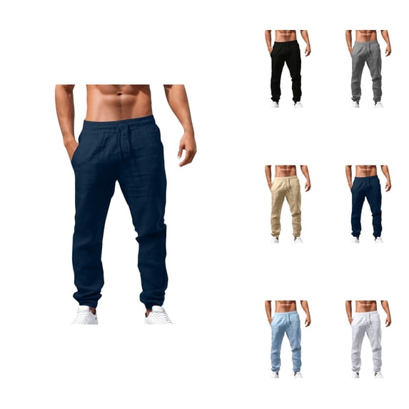 Elastic Waist Cotton Linen Men's Joggers, Lightweight Solid Color Loose Fit Breathable Casual Lounge Pants