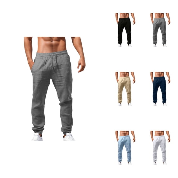 Elastic Waist Cotton Linen Men's Joggers, Lightweight Solid Color Loose Fit Breathable Casual Lounge Pants