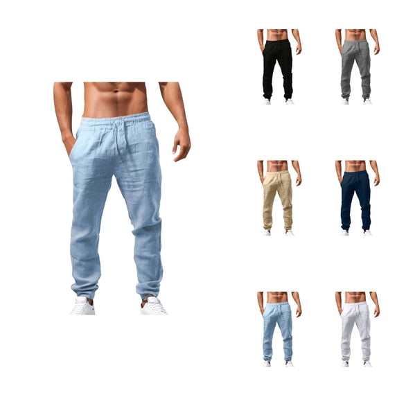 Elastic Waist Cotton Linen Men's Joggers, Lightweight Solid Color Loose Fit Breathable Casual Lounge Pants