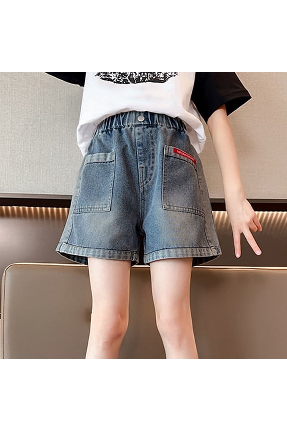 Elastic Waist Denim Shorts Baggy Bermuda Shorts with Pockets (Grey 15-16 Years)