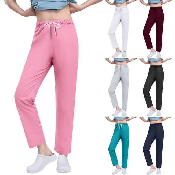 Elastic Waist Drawstring Pants Women's Solid Color Long Trousers Casual Work Pants Dry Clean Hand Wash Nurse Uniform Scrubs Professional Style Gifts for Women | CSEONE,Wine L