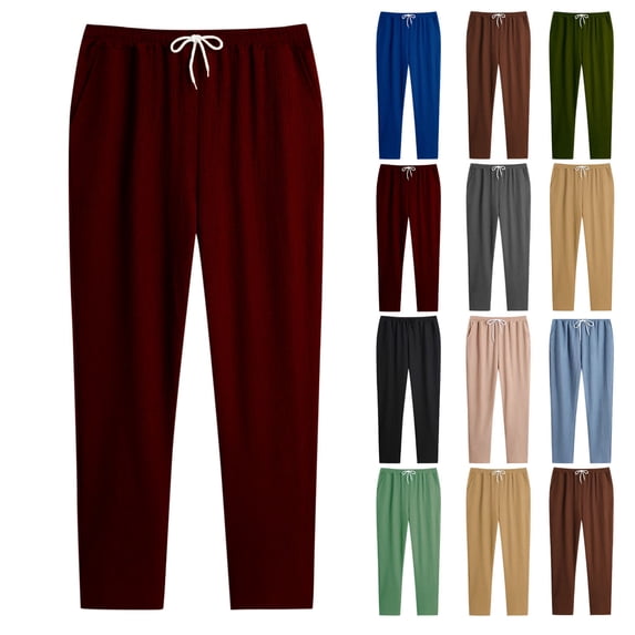 Elastic Waist Drawstring Pants for Men,Wrinkle Fabric Casual Solid Color Straight Leg Pants for Daily Walking and Light Workout