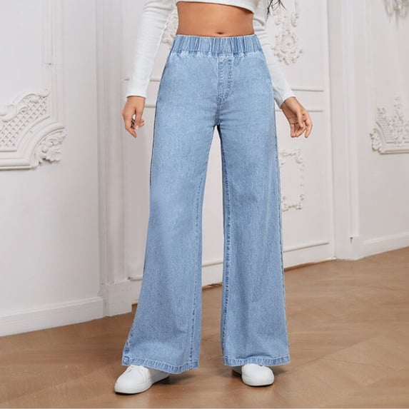 Elastic Waist Jeans Women Straight Wide Leg Versatile Denim Pants Fall Casual Comfy High Waist Pants