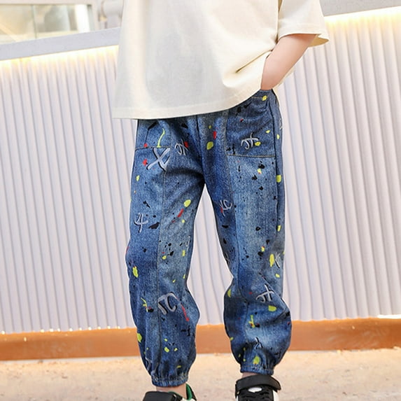 Elastic Waist Jeans for Boys Girls 8t Loose Casual Printed Cuff Denim Pants Streetwear Boyfriend Fashion Long Trousers, Blue5 Years