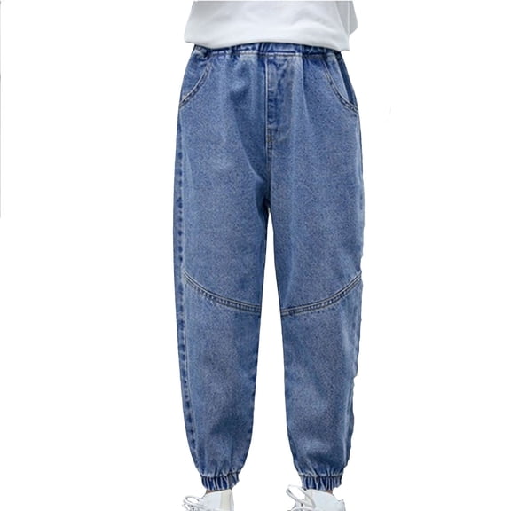 Elastic Waist Jeans for Girls Cinched Bottom Loose Straight Leg Denim Pants with Pocket 3-12T, Blue7 Years
