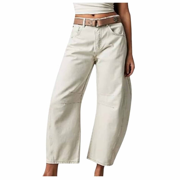 Elastic Waist Jeans for Women Women's Barrel Jeans with Pockets Loose Fitting Casual Baggy Wide Leg Denim Pants for Streetwear White M