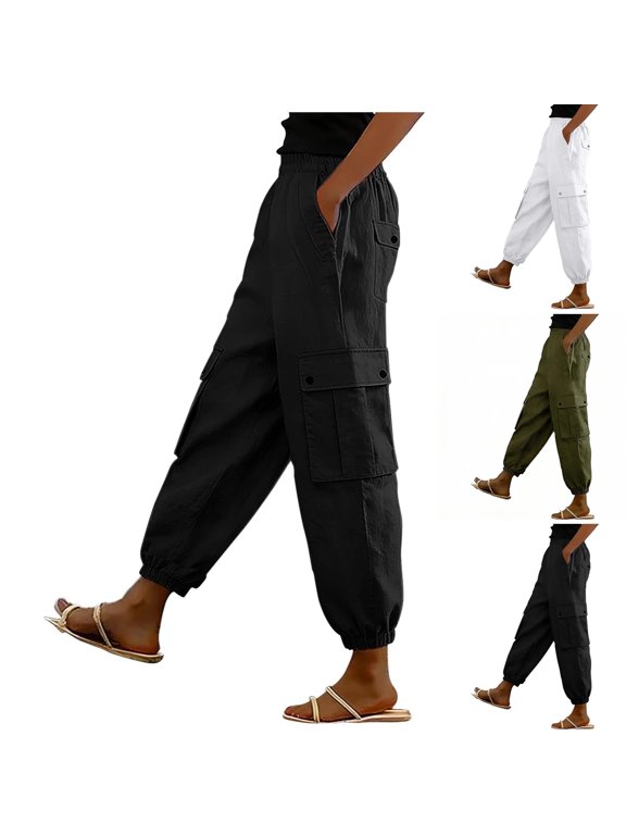Elastic Waist Joggers for Women Summer High Waist Multi Pocket Cargo Pants Loose Fit Casual Travel Outing Trousers ,XL,#02 Black