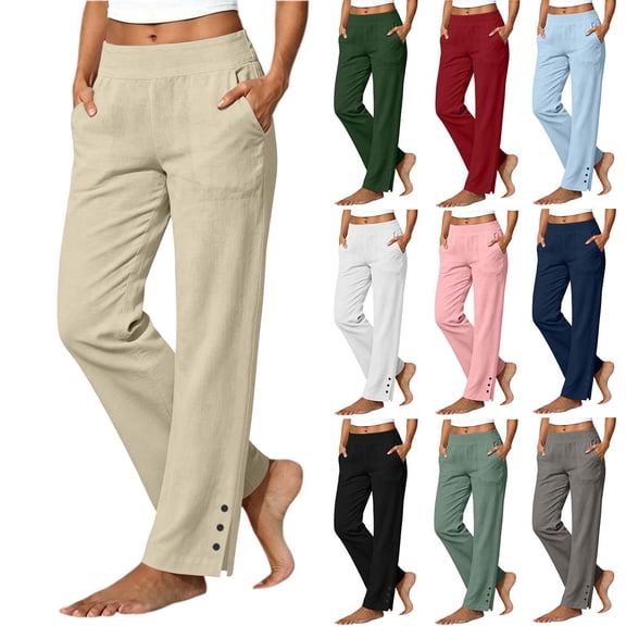 Elastic Waist Linen Pants for Women Straight Leg Button Detail Hem Split Multiple Pockets Breathable Solid Summer Casual Cropped Trousers Gray L