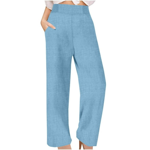 Elastic Waist Linen Sweatpants Women High Waisted Straight Wide Leg Pants Fall Comfy Casual Long Trousers with Pockets