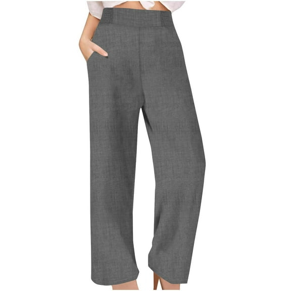Elastic Waist Linen Sweatpants Women High Waisted Straight Wide Leg Pants Fall Comfy Casual Long Trousers with Pockets