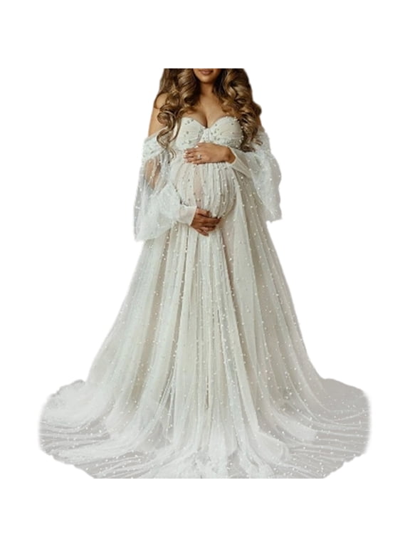 Elastic Waist Maternity Gown for Professional Photography Featuring Long Bottom Breathable Polyester Comfort Dress