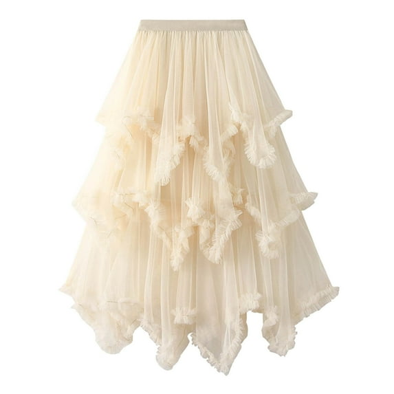 Elastic Waist Mesh A-Line Skirt - Solid Color, High Waist - Polyester - One Size