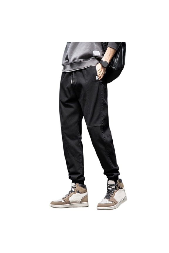 Elastic Waist Mid-Rise Pockets Shrinkable Cuffs Cargo Pants Men Autumn Winter Drawstring Fleece Lined Sweatpants Streetwear