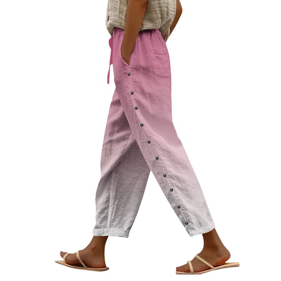 Elastic Waist Pants for Women, Audhol Women's Gradient Elastic Pants with Pocket Buttons 9 inch Loose Casual Pants Soft Pants for Women Casual Pink 3XL