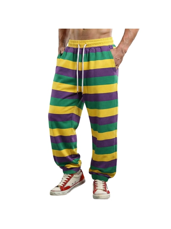 Elastic Waist Pants for Men Color Block Mardi Gras Printed Exercise Pants Comfy Relaxed Fit Joggers Sweatpants 04-Purple XL