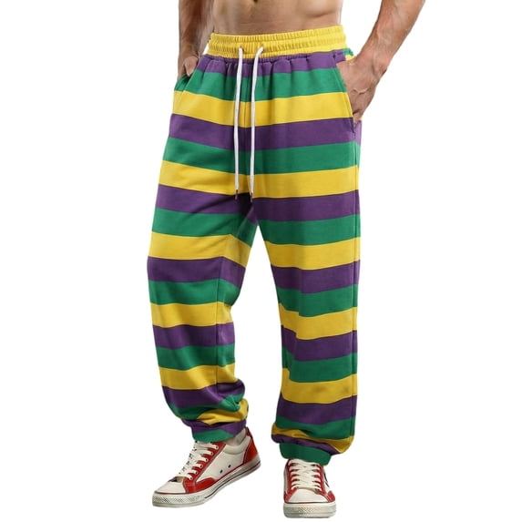 Elastic Waist Pants for Men Color Block Mardi Gras Printed Exercise Pants Comfy Relaxed Fit Joggers Sweatpants 04-Purple XXL