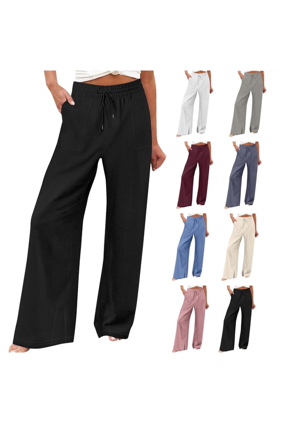 Elastic Waist Pocket Pants Women Casual Trousers Bandage Split Hem Full Length Work Pants, Fashion Solid Straight Leg Pants for Office Business Casual, Practical Gifts for Women