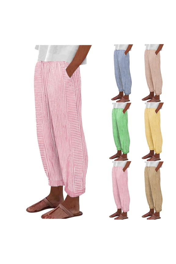 Elastic Waist Pocket Pants, Women's Summer Casual Full Length Trousers with Stripe Printing, Lounge Pants Work Pants, Lightweight Breathable Drawstring, Mother's Day Gifts