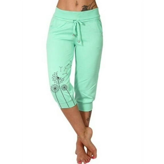 Elastic Waist Print Casual Pants Women Knee-Length Capris Loose Drawstring Joggers