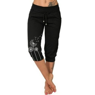 Elastic Waist Print Casual Pants Women Knee-Length Capris Loose Drawstring Joggers