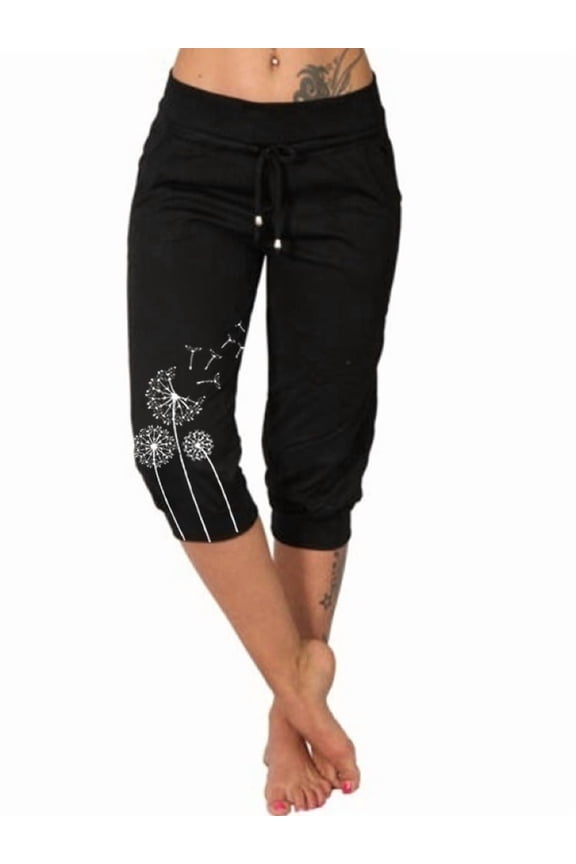 Elastic Waist Print Casual Pants Women Knee-Length Capris Loose Drawstring Joggers