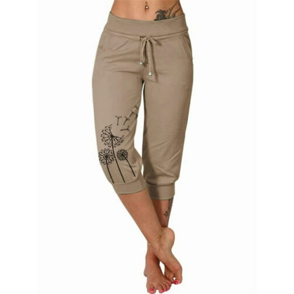 Elastic Waist Print Casual Pants Women Knee-Length Capris Loose Drawstring Joggers