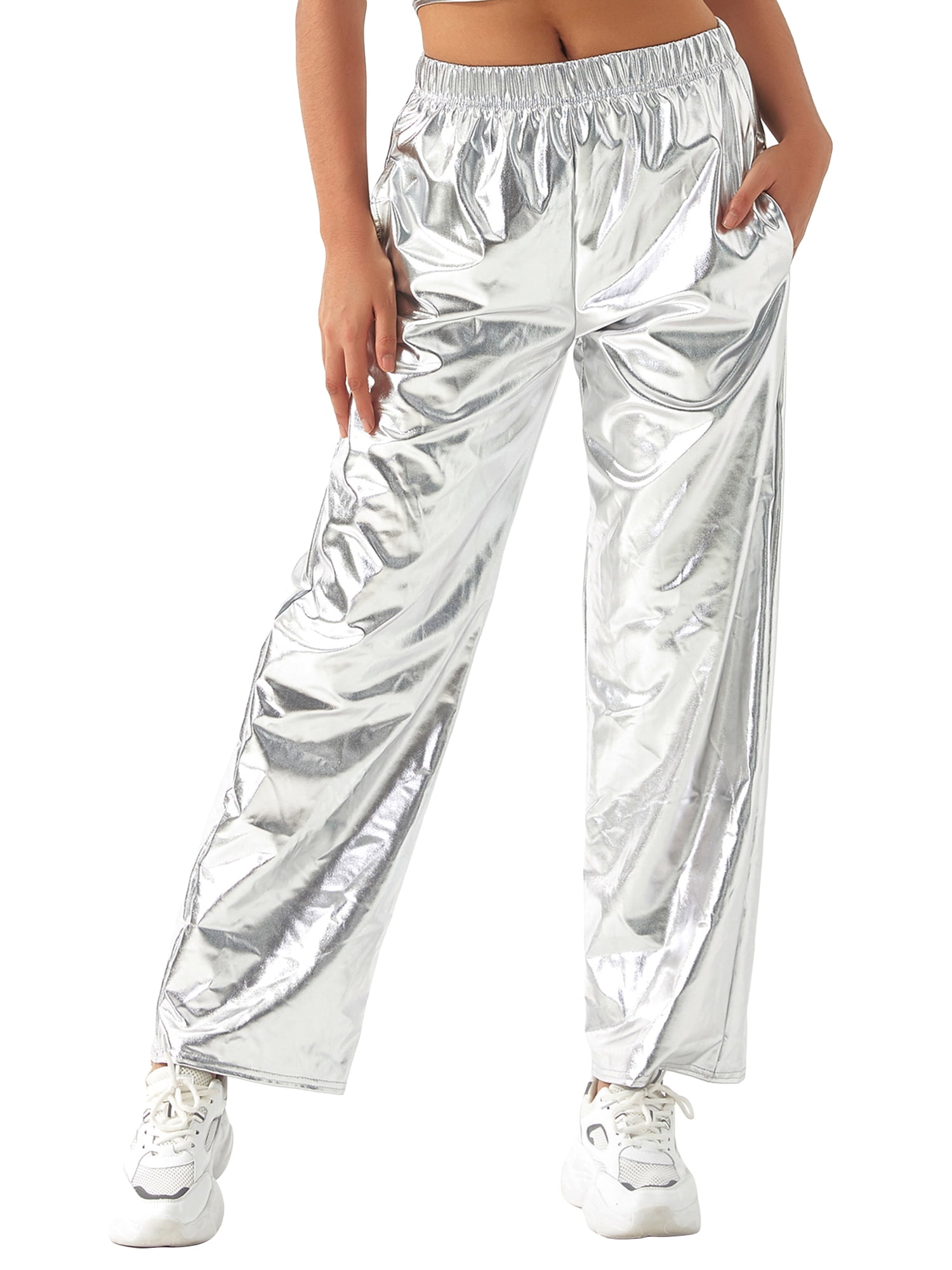 Elastic Waist Solid Loose Trousers with Pockets, Women's Metallic Pants ...