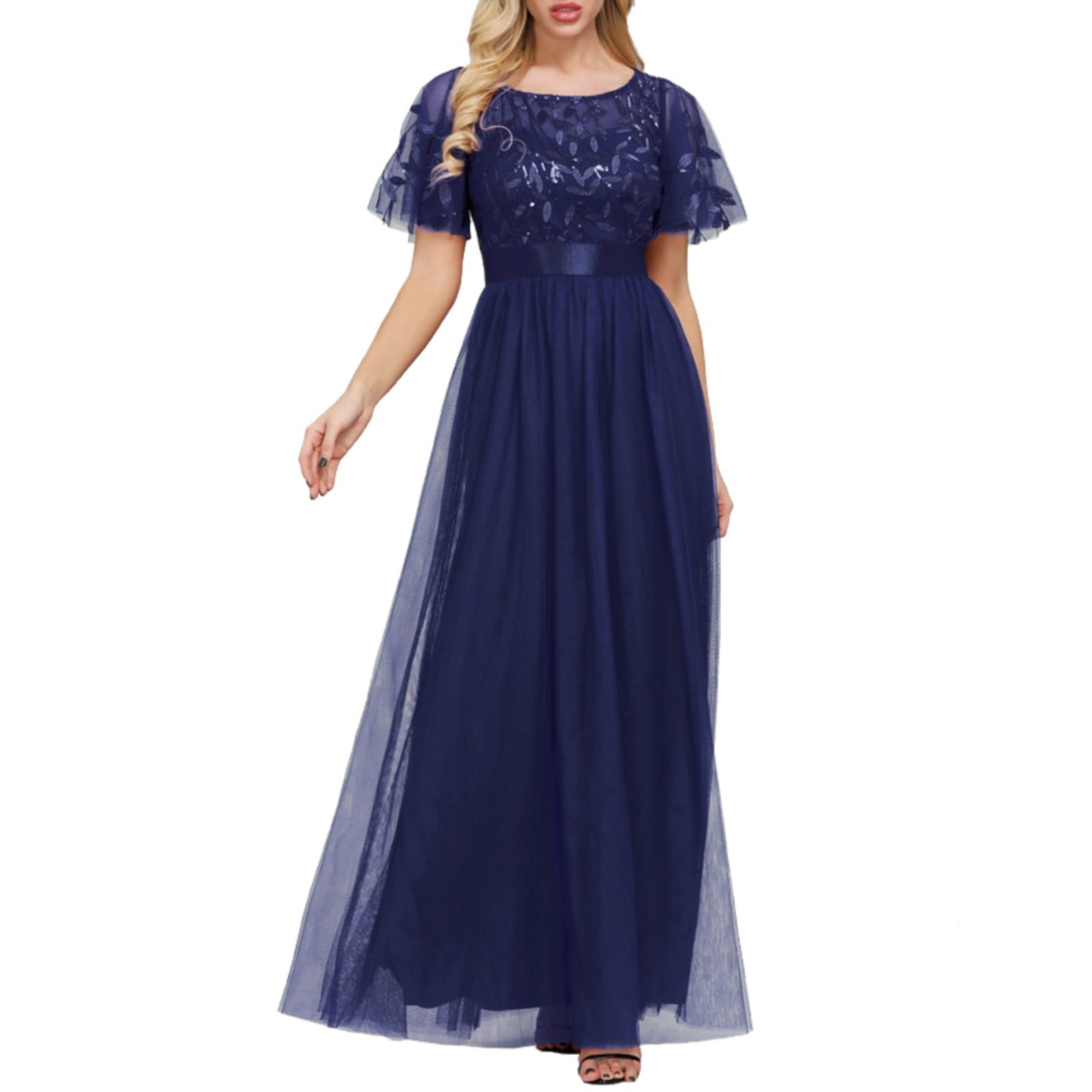 Elastic Waist Splicing Crewneck Party Evening Dress Female Juniors