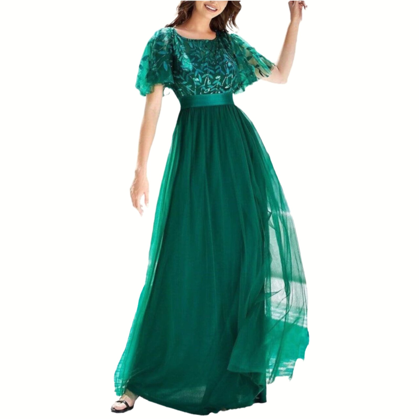 Elastic Waist Splicing Crewneck Party Evening Dress Female Juniors