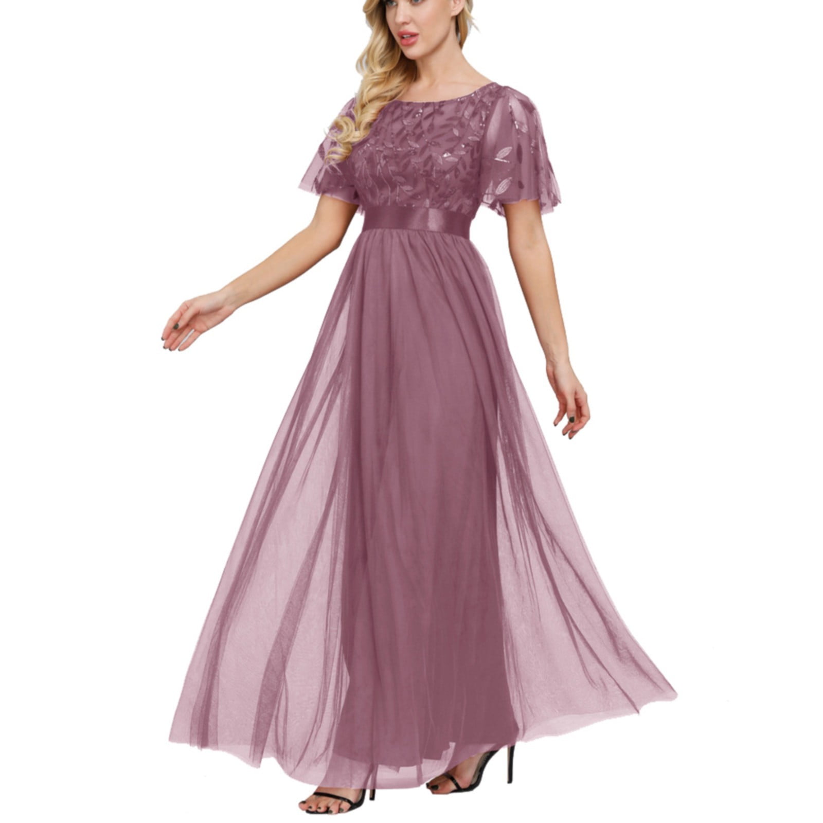 Elastic Waist Splicing Crewneck Party Evening Dress Female Juniors